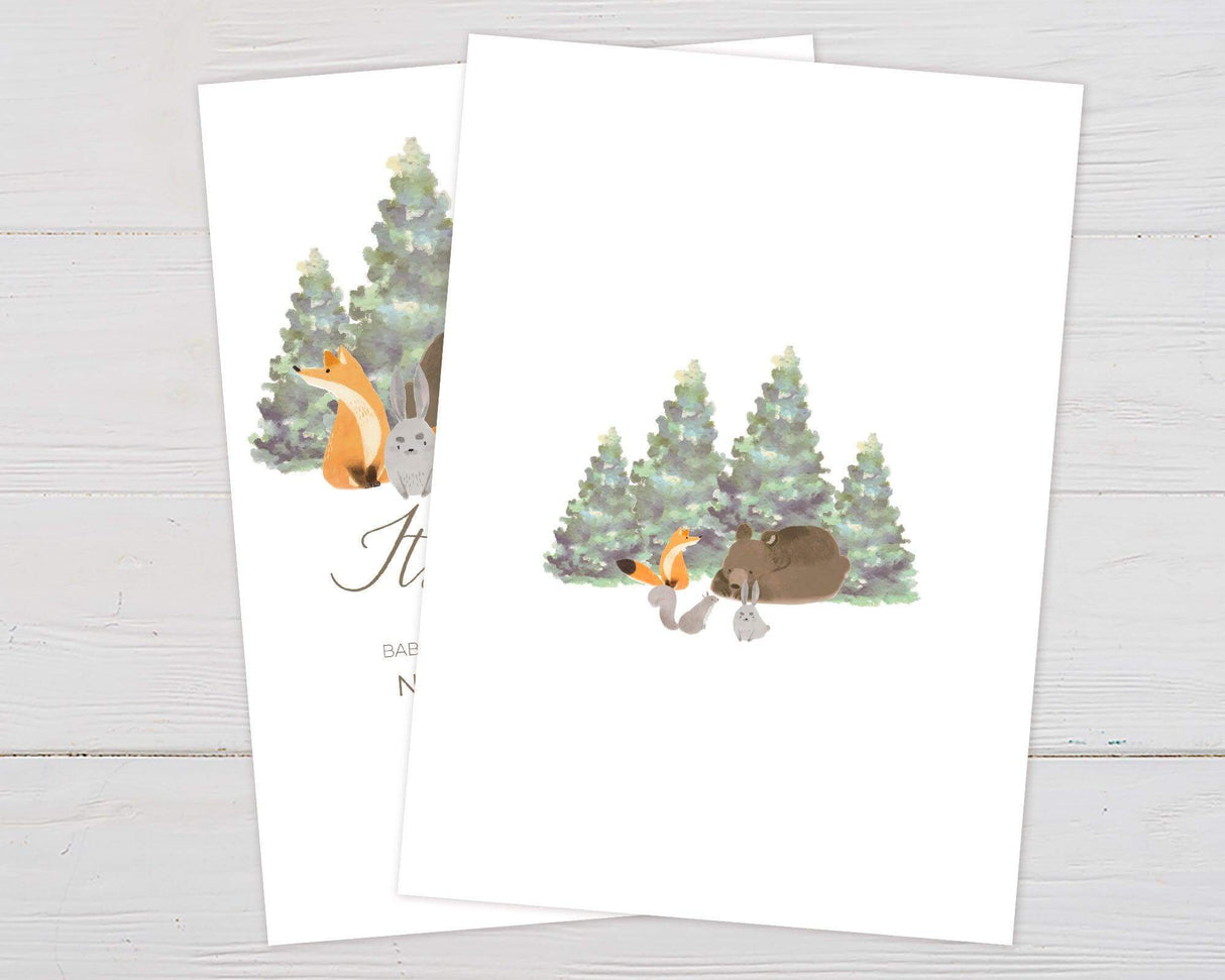 Woodland-themed baby shower invitation featuring a sleeping bear, fox, rabbit, and other forest animals with watercolor pine trees in the background. Elegant script announces "It's a Boy!" with event details in a clean, modern font. Soft earth tones create a cozy, nature-inspired design perfect for celebrating a new arrival. Printed on high-quality cardstock, ideal for a rustic or outdoor-themed baby shower. Back.