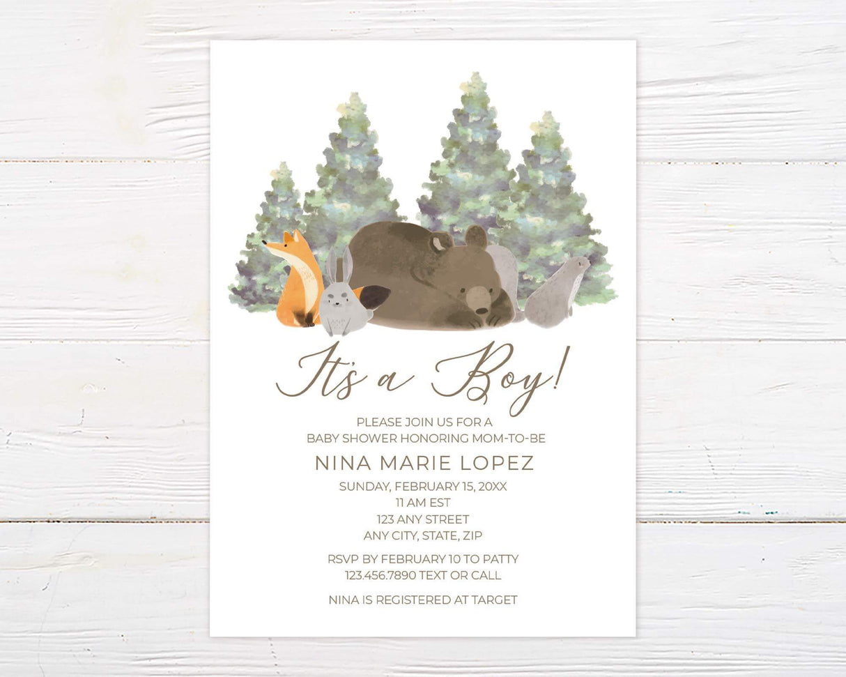 Woodland-themed baby shower invitation featuring a sleeping bear, fox, rabbit, and other forest animals with watercolor pine trees in the background. Elegant script announces "It's a Boy!" with event details in a clean, modern font. Soft earth tones create a cozy, nature-inspired design perfect for celebrating a new arrival. Printed on high-quality cardstock, ideal for a rustic or outdoor-themed baby shower.