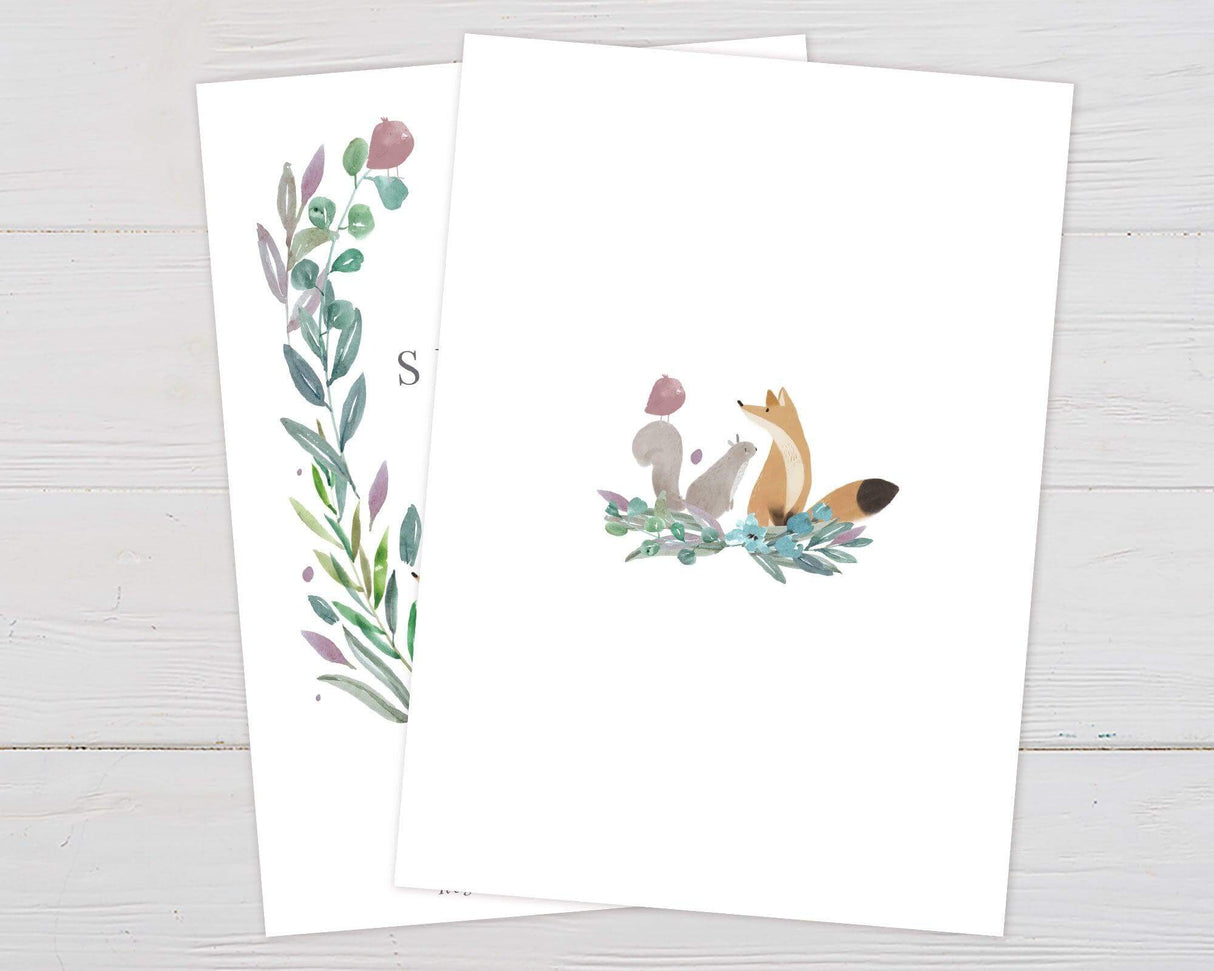 Woodland-themed baby shower invitation featuring watercolor greenery, a fox, and a squirrel. The design includes soft, earthy tones and elegant typography, inviting guests to celebrate the mom-to-be. The text provides event details, RSVP information, and a baby registry link. Back.