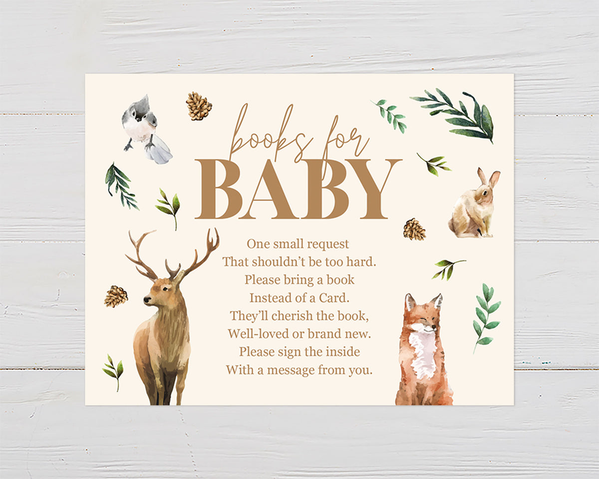 A woodland wildlife books for baby card featuring illustrated bird, rabbit, fox, and deer as well as botanical foliage surrounding a sweet poem.