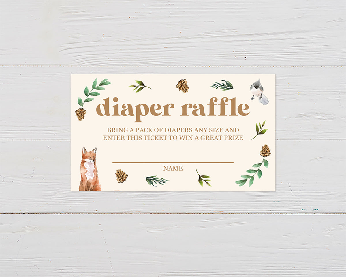 A woodland wildlife diaper raffle ticket featuring illustrated animals and forest foliage.