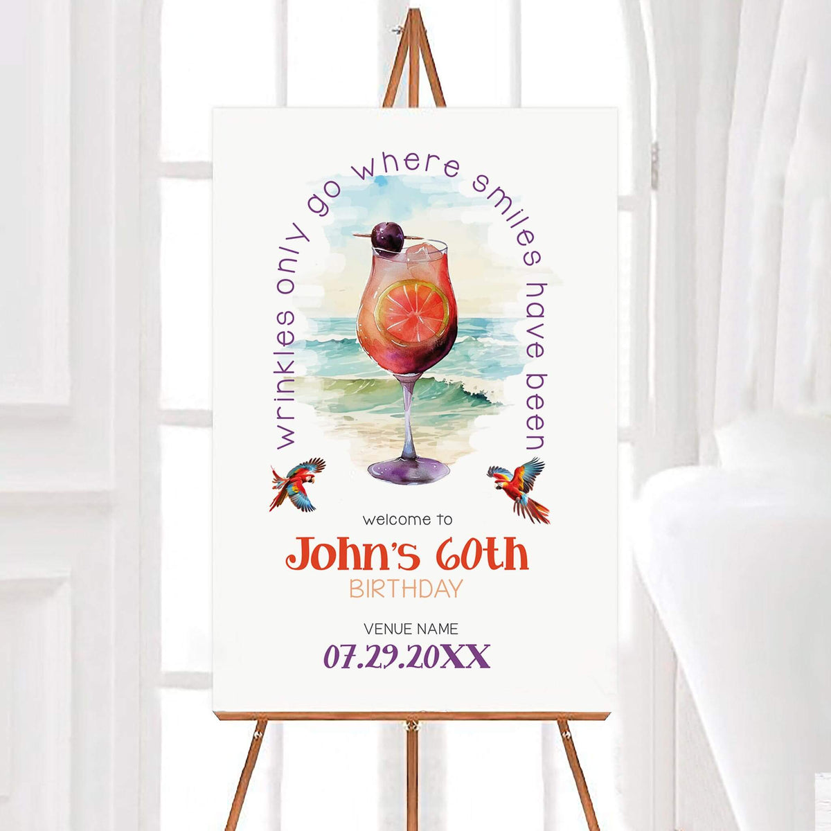 Personalized where smiles have been tropical milestone birthday welcome sign featuring a watercolor cocktail, ocean waves, colorful parrots, and a cheerful birthday quote. The beach-themed birthday sign includes customizable name, milestone age, venue, and celebration date.
