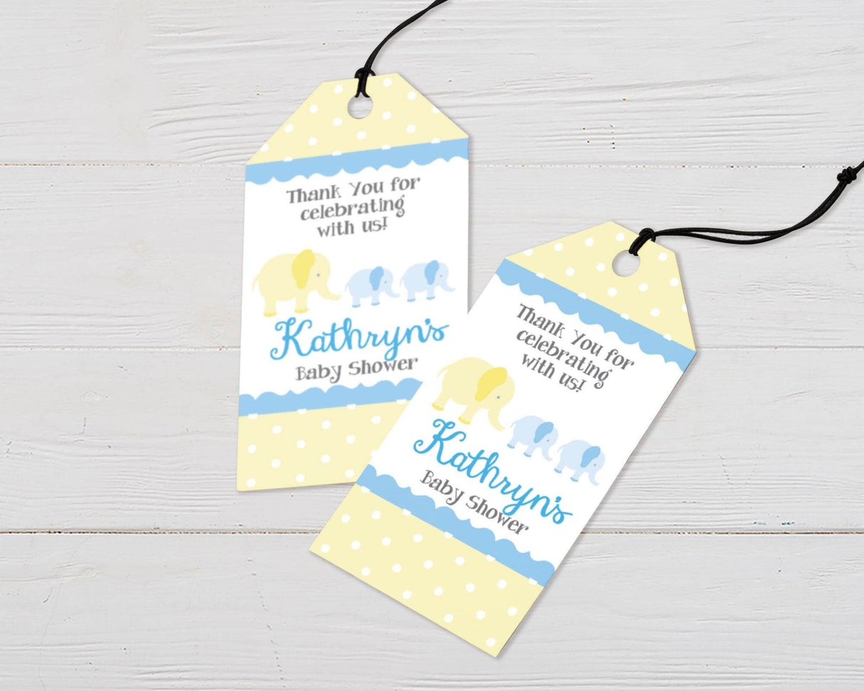 Yellow Blue Elephants baby shower thank you tag with polka dots, featuring cute pastel elephants on a safari-themed design.