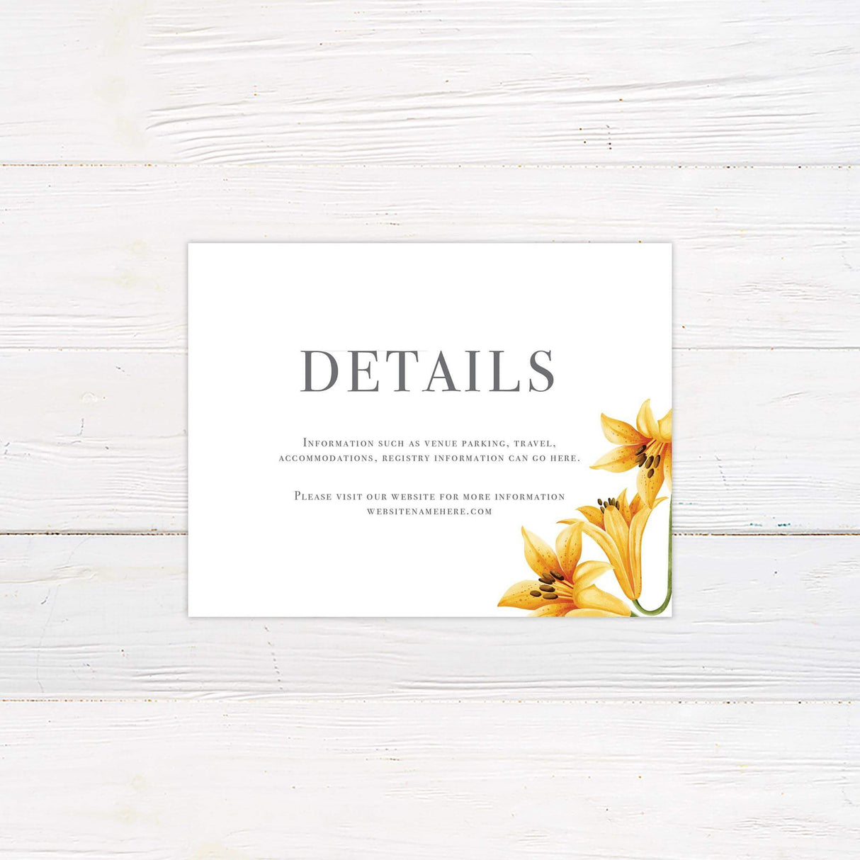 Elegant printed detauks card with yellow lily floral design, featuring classic typography and soft botanical accents for a romantic wedding theme.