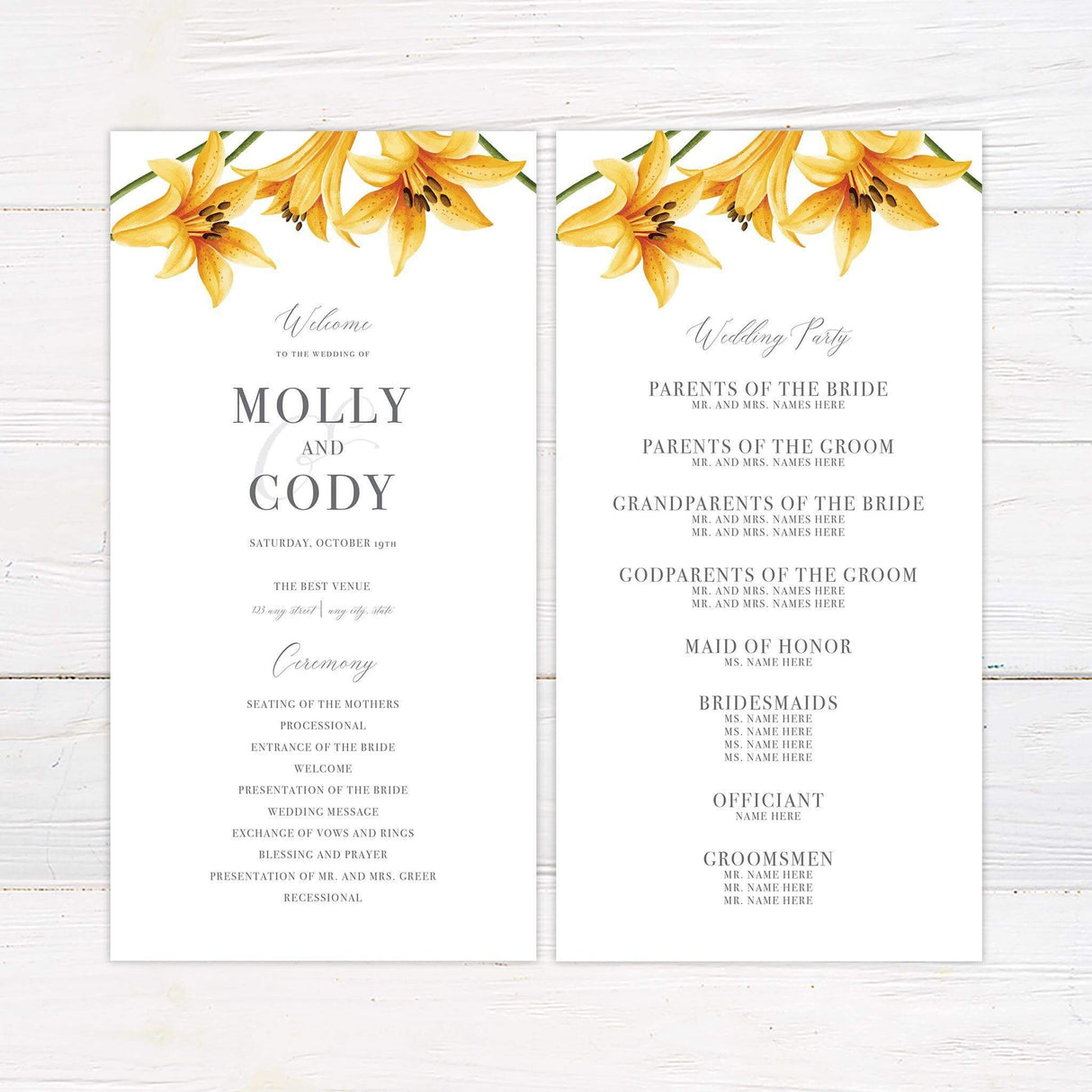Elegant printed program Card with yellow lily floral design, featuring classic typography and soft botanical accents for a romantic wedding theme.