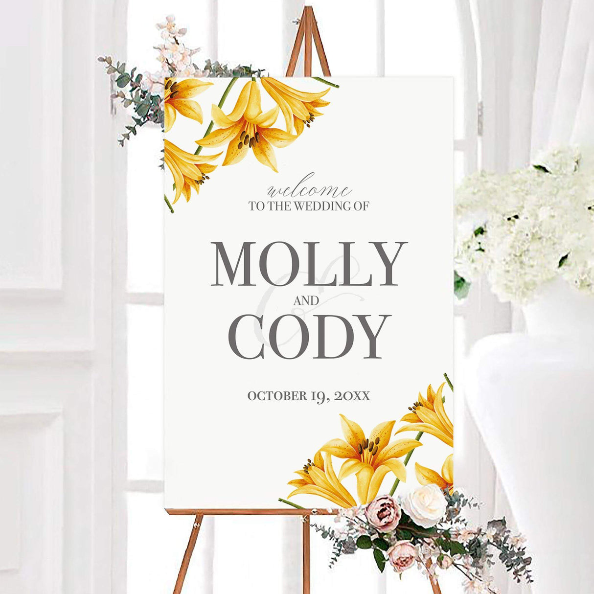 Yellow lilies wedding welcome sign featuring bright yellow watercolor lilies, a white background, and elegant personalized typography. The floral design welcomes guests to a wedding ceremony or reception.