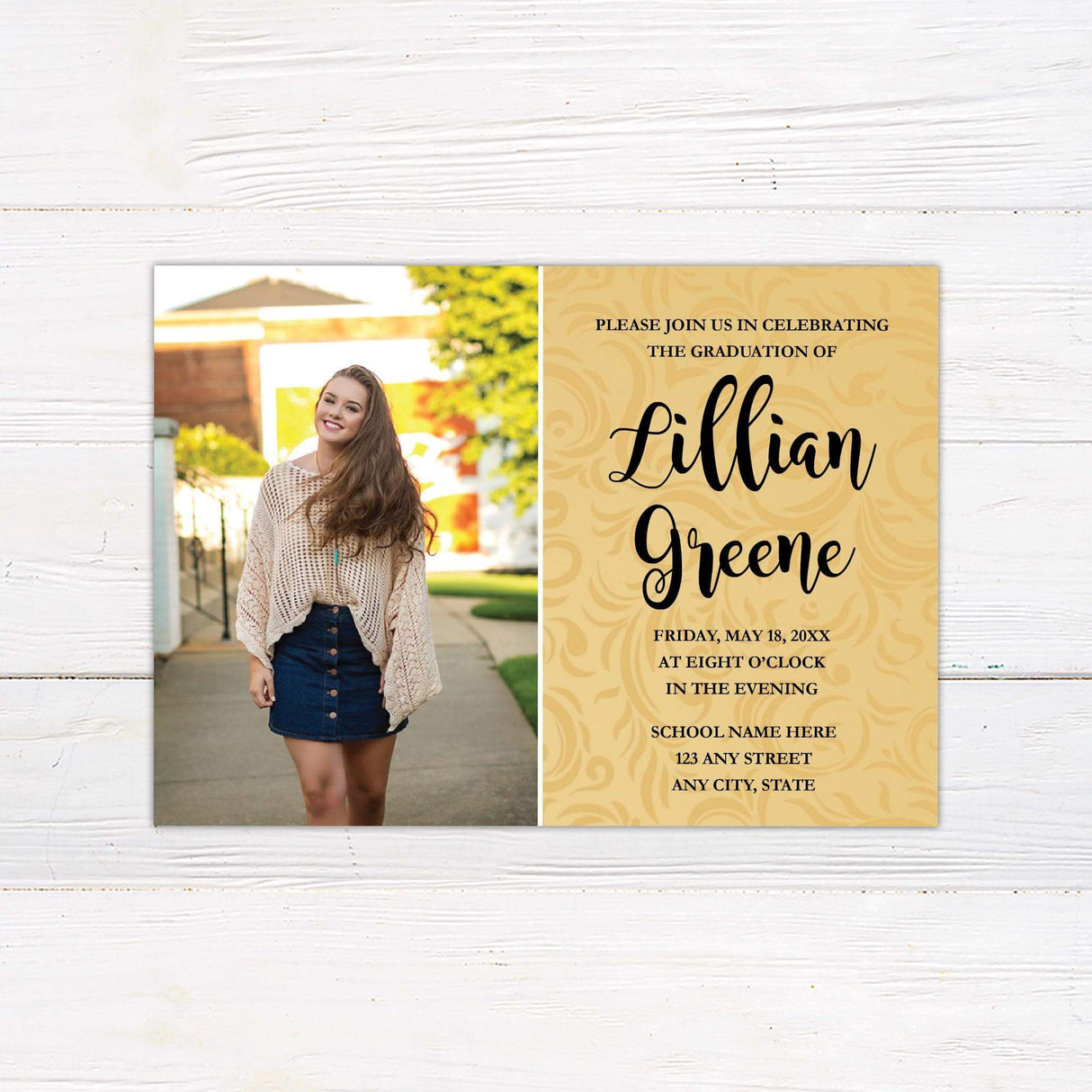 Personalized graduation invitation with senior photo on one side and elegant swirl pattern with event details on the other. Custom printed on high-quality cardstock, perfect for high school or college graduation announcements and celebrations. black
