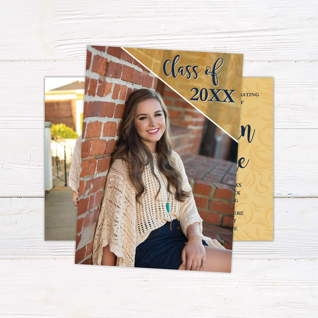 Personalized graduation invitation with senior photo on one side and elegant swirl pattern with event details on the other. Custom printed on high-quality cardstock, perfect for high school or college graduation announcements and celebrations. black