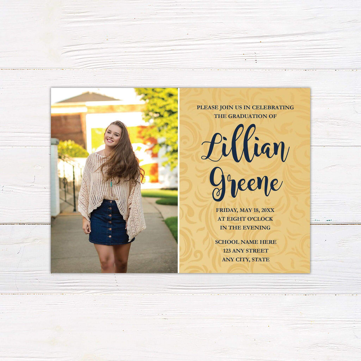 Personalized graduation invitation with senior photo on one side and elegant swirl pattern with event details on the other. Custom printed on high-quality cardstock, perfect for high school or college graduation announcements and celebrations. black