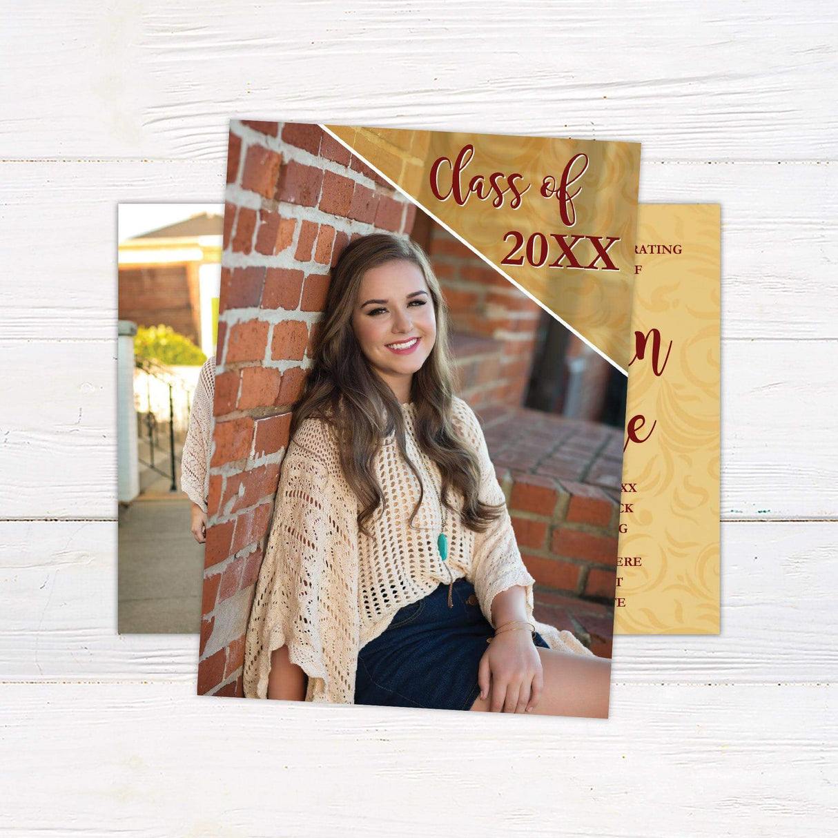 Personalized graduation invitation with senior photo on one side and elegant swirl pattern with event details on the other. Custom printed on high-quality cardstock, perfect for high school or college graduation announcements and celebrations. burgundy