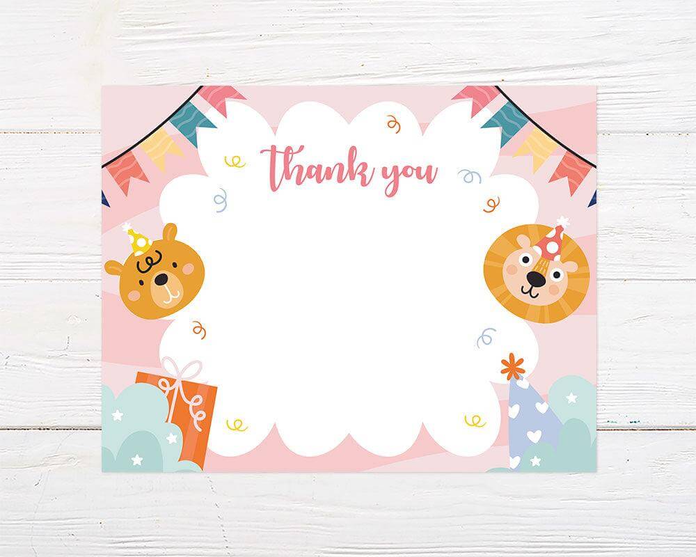 A pink thank you card with cartoon-style lion and bear wearing party hats, surrounded by confetti, bunting flags, and festive elements on a cloud-shaped white space.