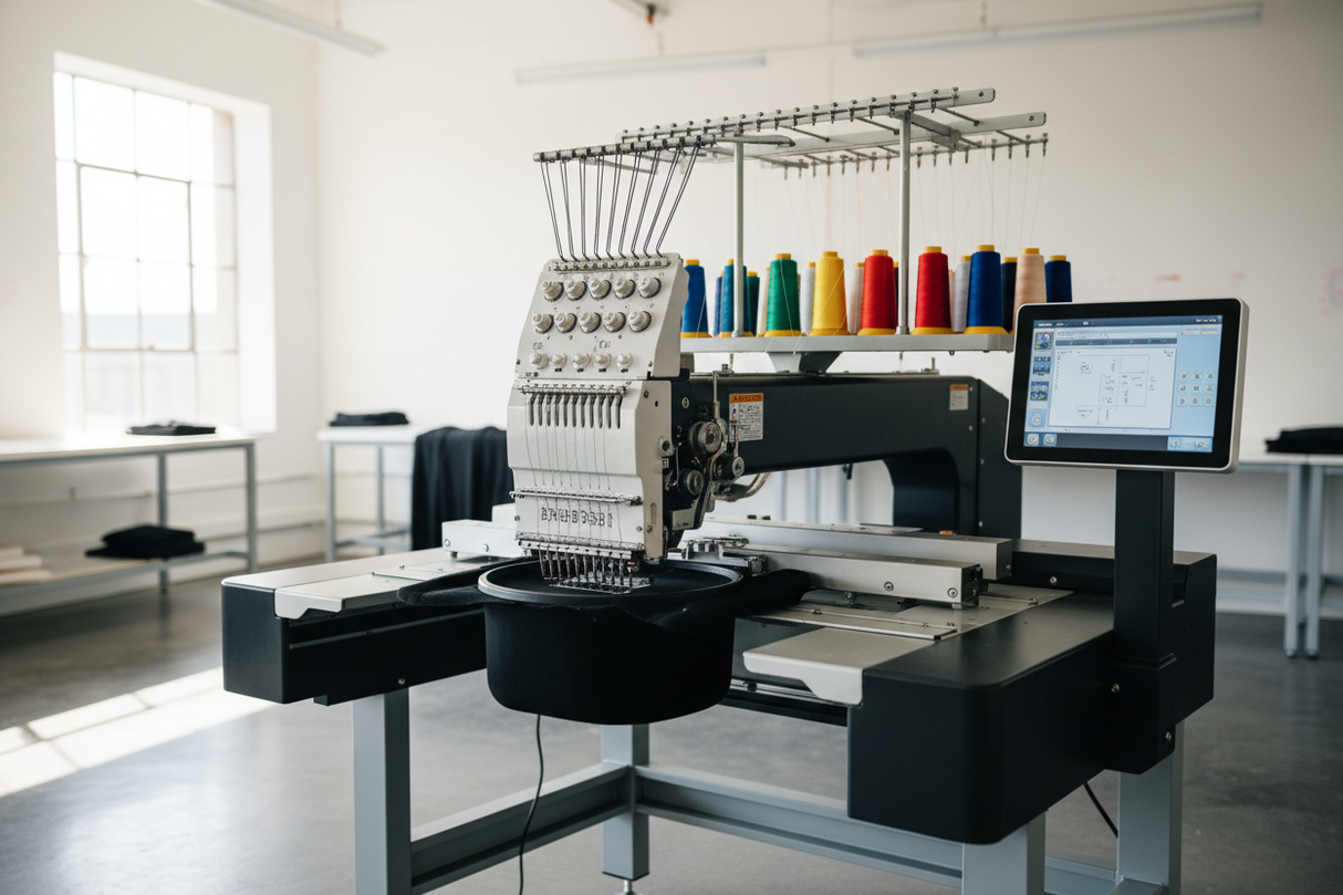 Embroidery Charge machine in a bright workshop with colorful threads and an LCD screen.