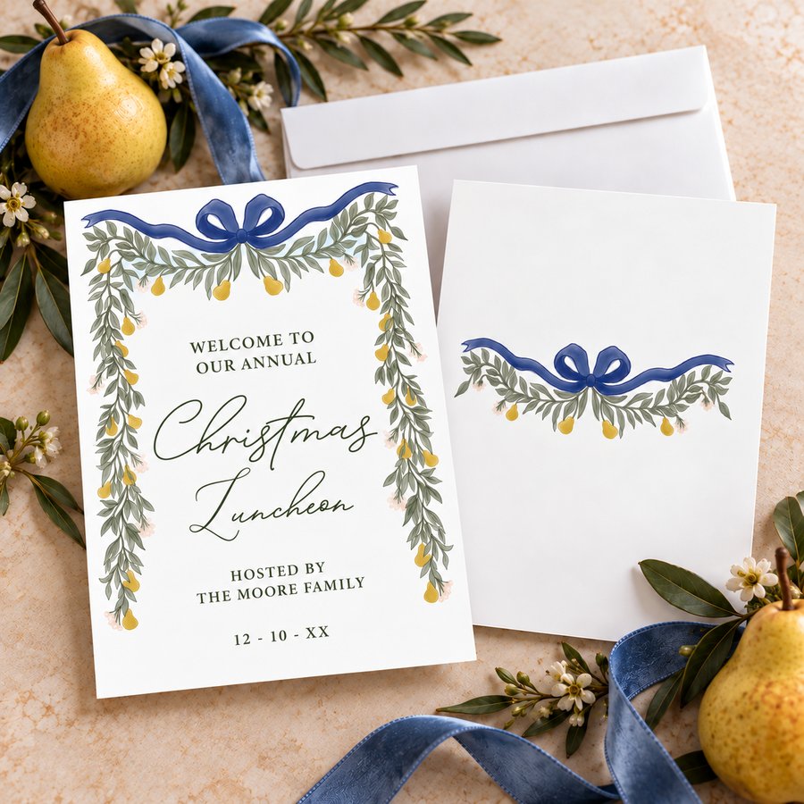 Elegant pear greenery Christmas luncheon invitation framed with watercolor greenery, golden pears, delicate flowers, and a navy bow. The invitation includes personalized host, date, RSVP, and event location information.