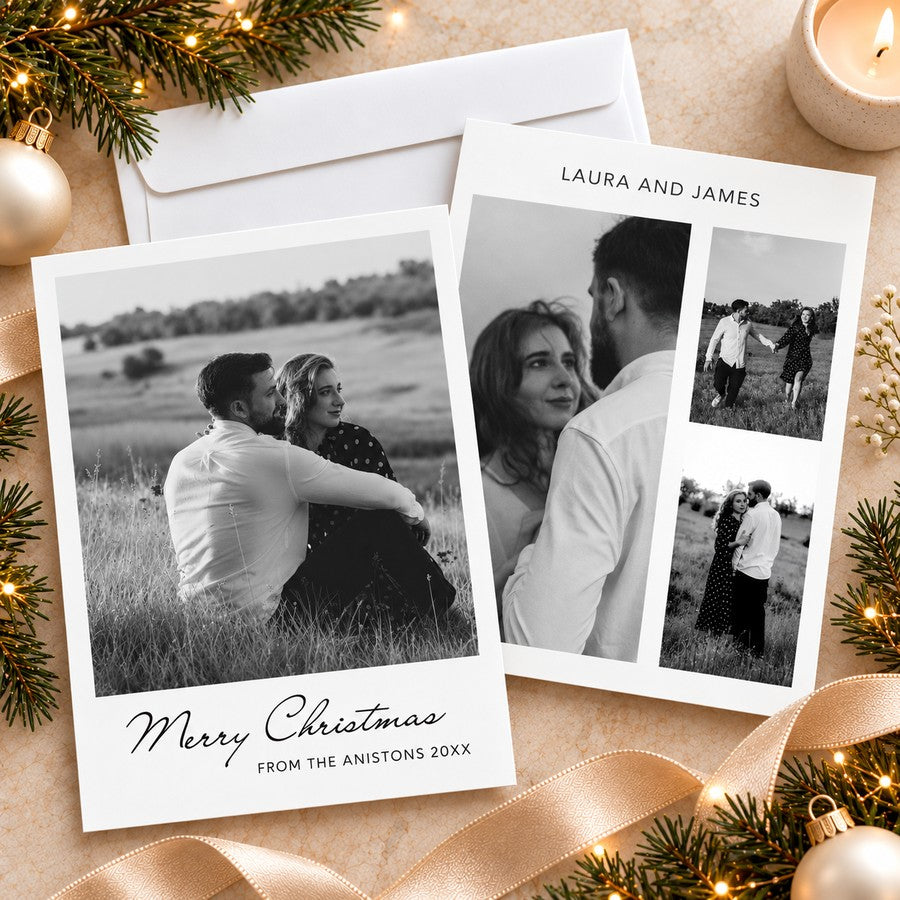Personalized Timeless Black & White Christmas photo card featuring a large couple's portrait with an elegant Merry Christmas greeting. The reverse includes multiple photo spaces for sharing additional favorite memories.