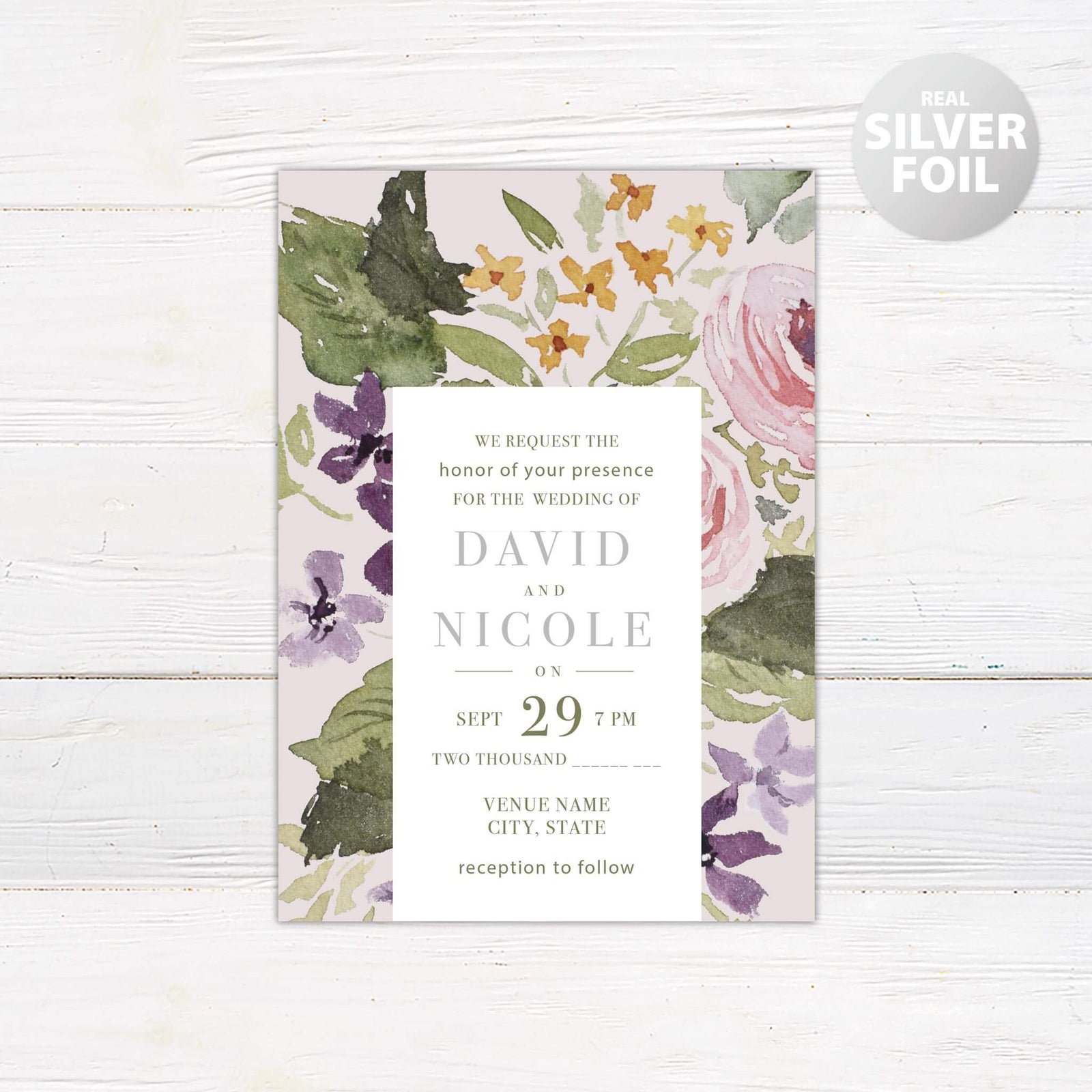 Beautiful floral wedding invitation by Go Print Plus featuring real silver foil details and customizable event information.