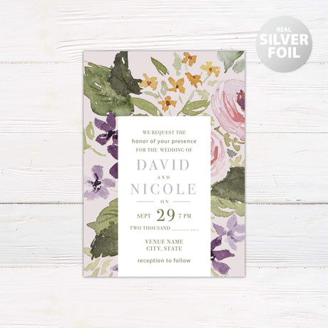 Beautiful floral wedding invitation by Go Print Plus featuring real silver foil details and customizable event information.