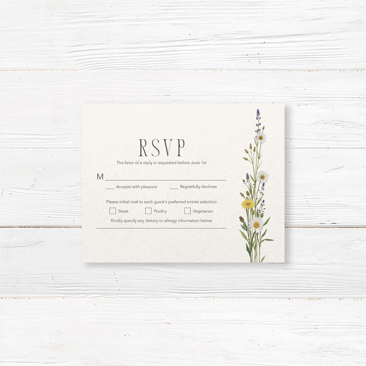 The RSVP Invite Meaning - Elegant floral RSVP card with options for dietary preferences.