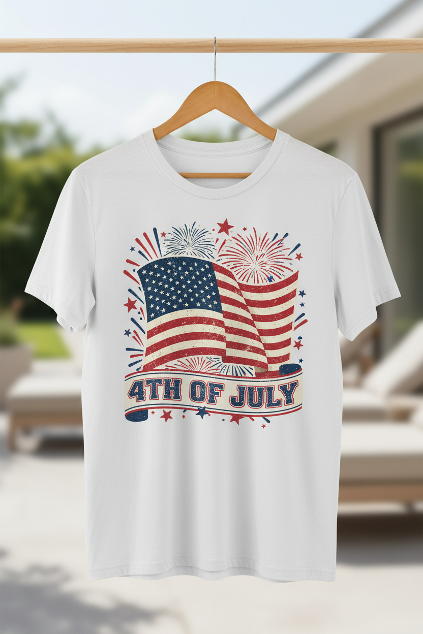 Custom July 4th apparel featuring a graphic design of flags and fireworks on a t-shirt.