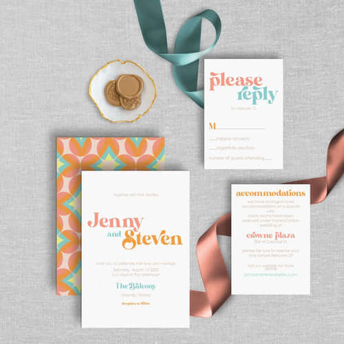 Say I Do Wedding Invitations Custom Signs and Swag featuring colorful wedding invitations and RSVP cards.