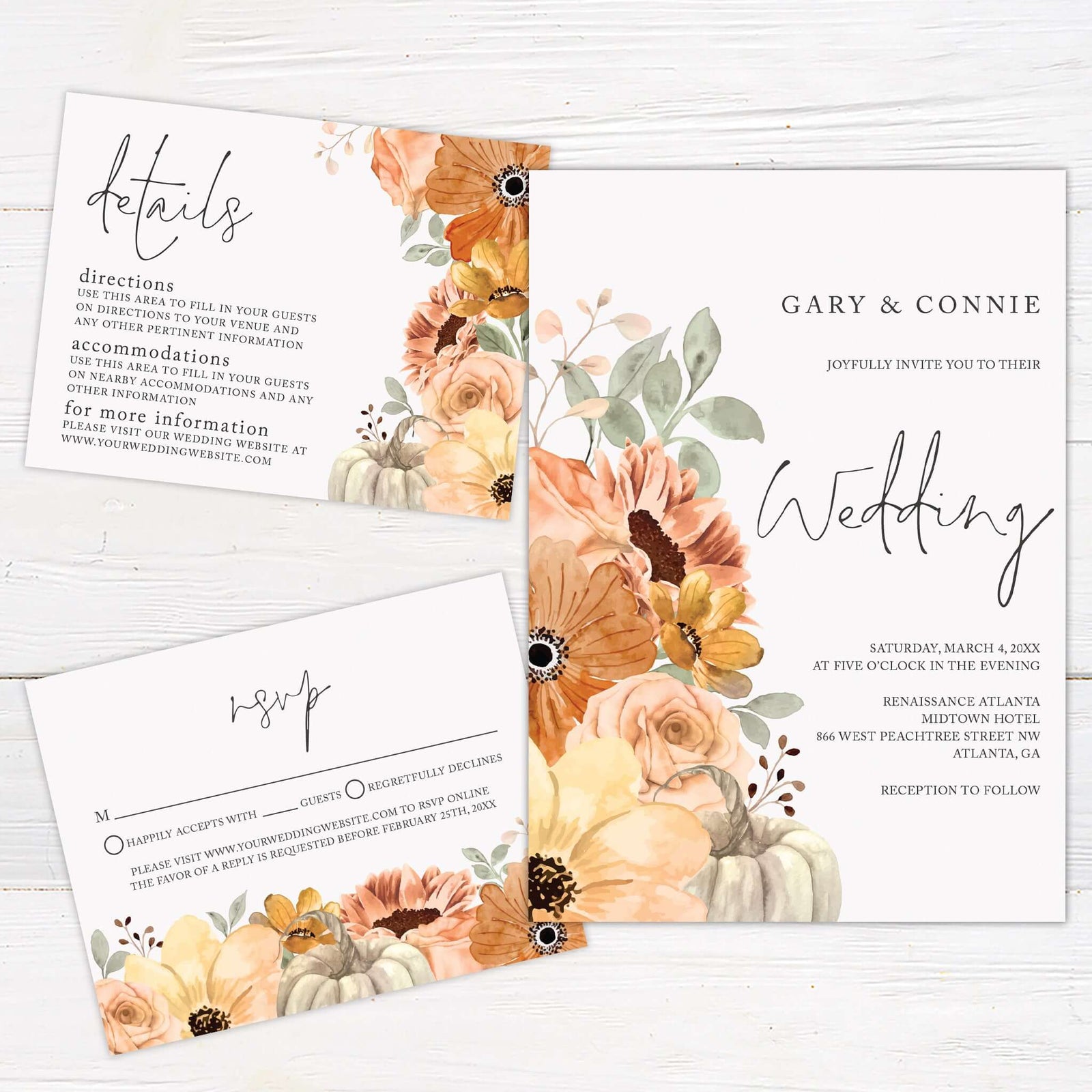 Go Print Plus wedding invitation set with floral design featuring RSVP and details cards.