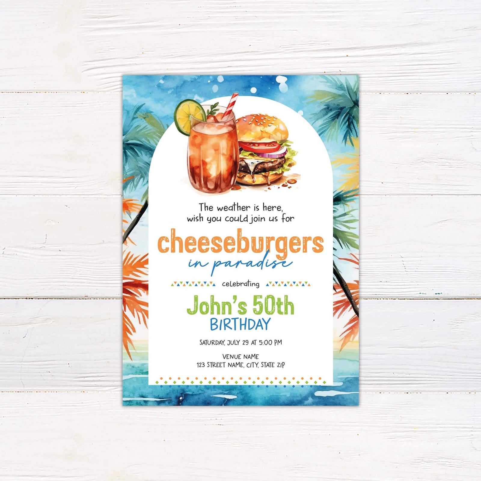 Go Print Plus birthday invitation for John's 50th featuring cheeseburgers and tropical elements.