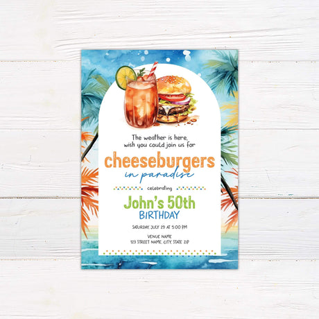 Go Print Plus birthday invitation for John's 50th featuring cheeseburgers and tropical elements.