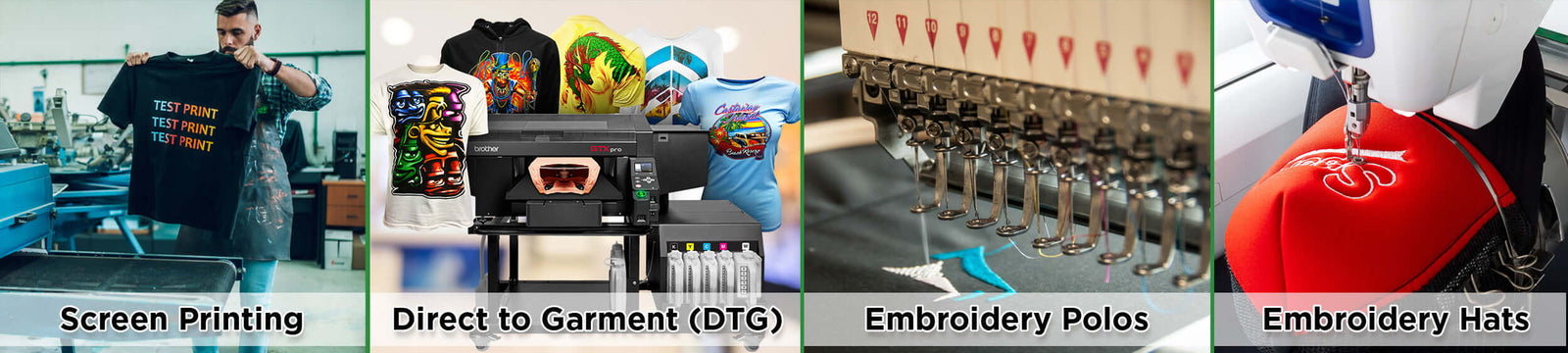 Go Print Plus showcasing various printing techniques: screen printing, direct to garment, embroidery polos, and hats.