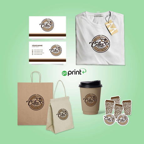 Go Print Plus graphic design example featuring branded materials like bags, shirts, and cups.