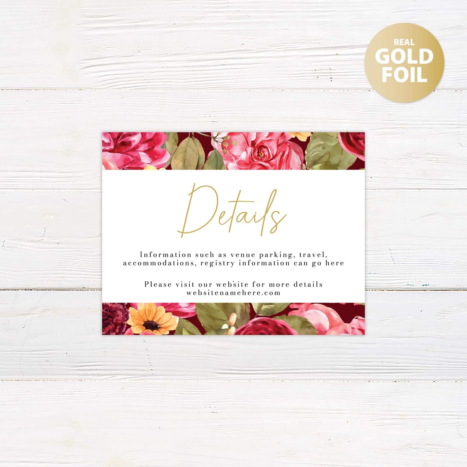 Go Print Plus wedding stationery details card with real gold foil accents and floral design.