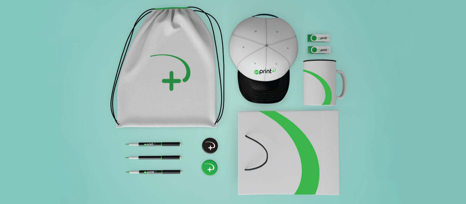 Go Print Plus promotional items including a cap, bag, mug, pens, and stickers on a teal background.