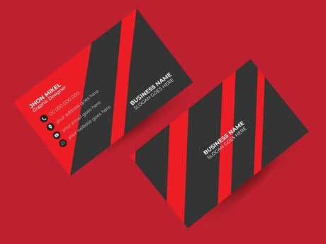 Custom Business Cards designed with a modern red and black theme, featuring personal and business information.