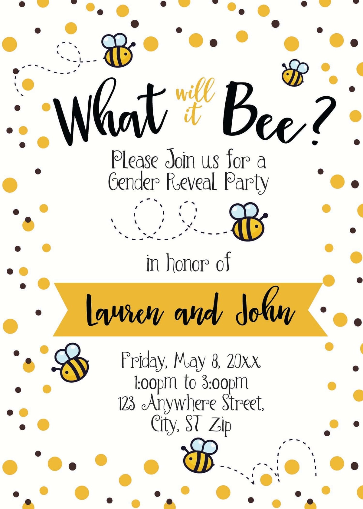 Top Free Invitation for Gender Reveal Templates featuring bee theme and details for a special  party.