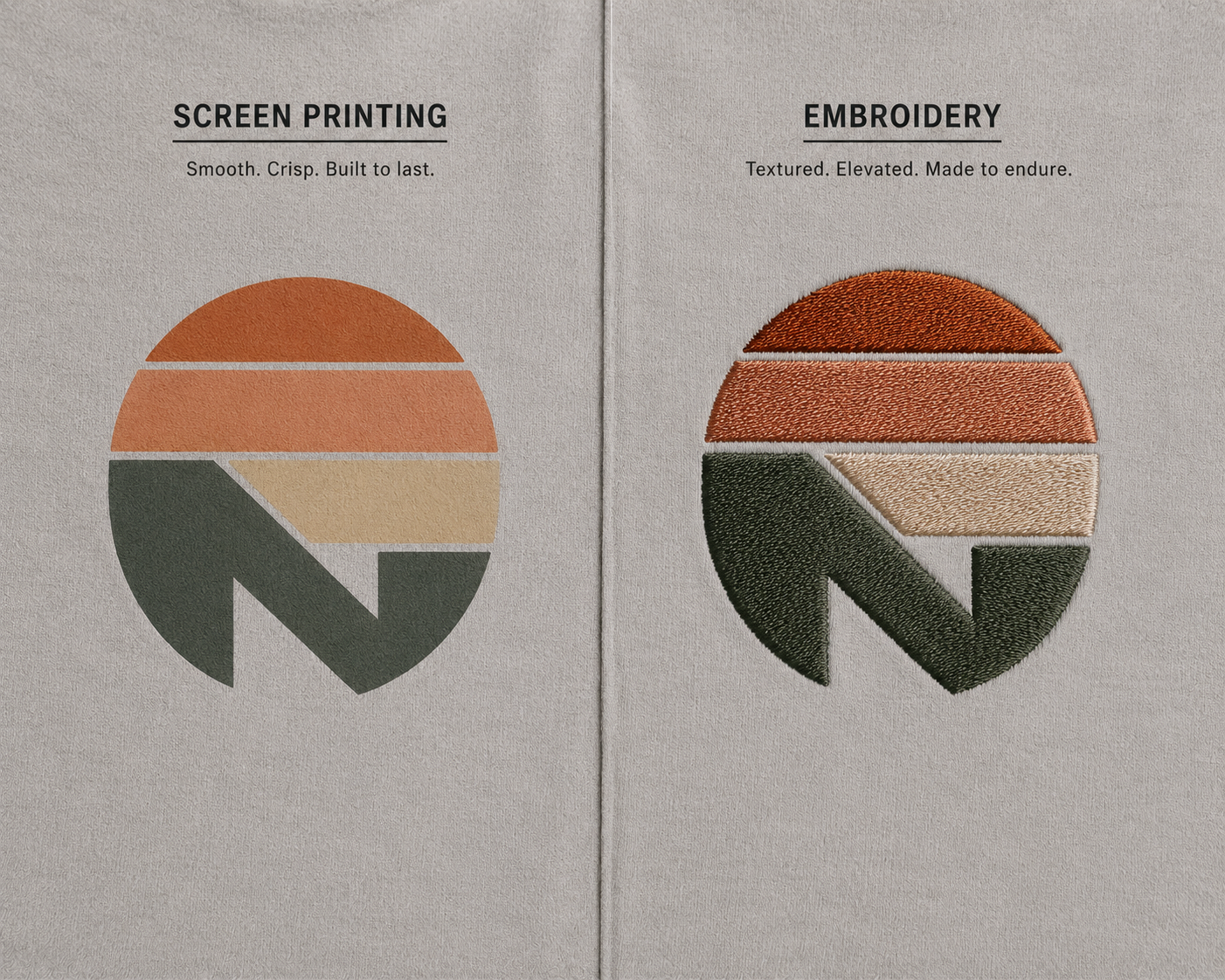 Comparison of Screen Printing vs Embroidery logos on custom apparel, showcasing textures and designs.
