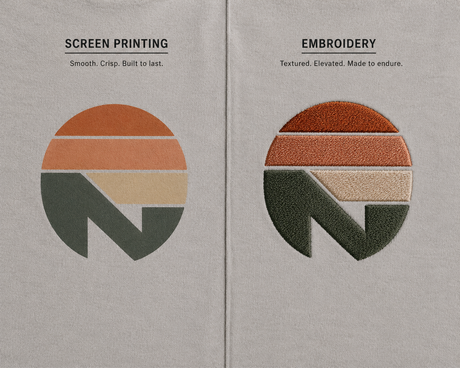 Comparison of Screen Printing vs Embroidery logos on custom apparel, showcasing textures and designs.