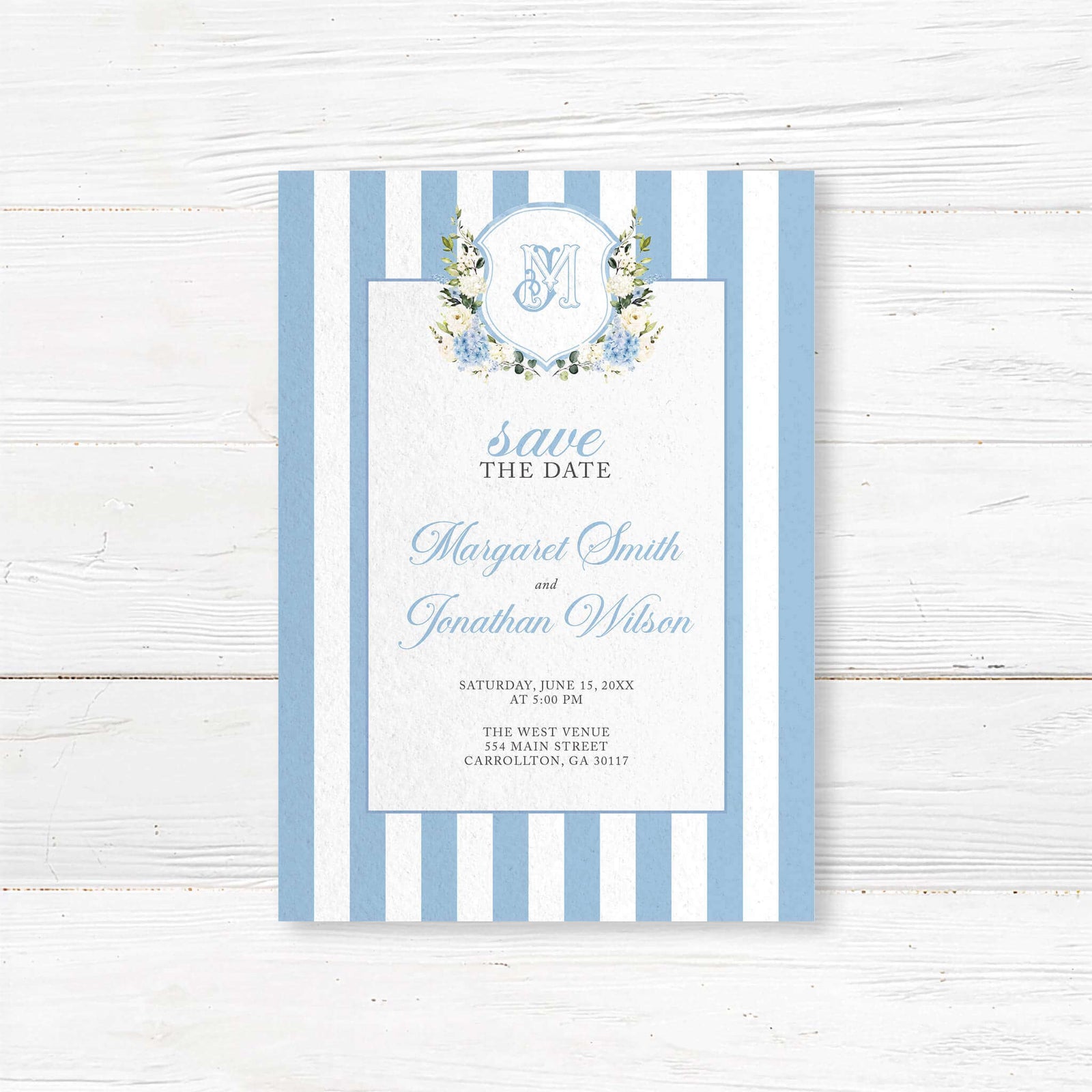 Elegant save the date card featuring blue stripes and floral accents, highlighting Save the Date Wording.