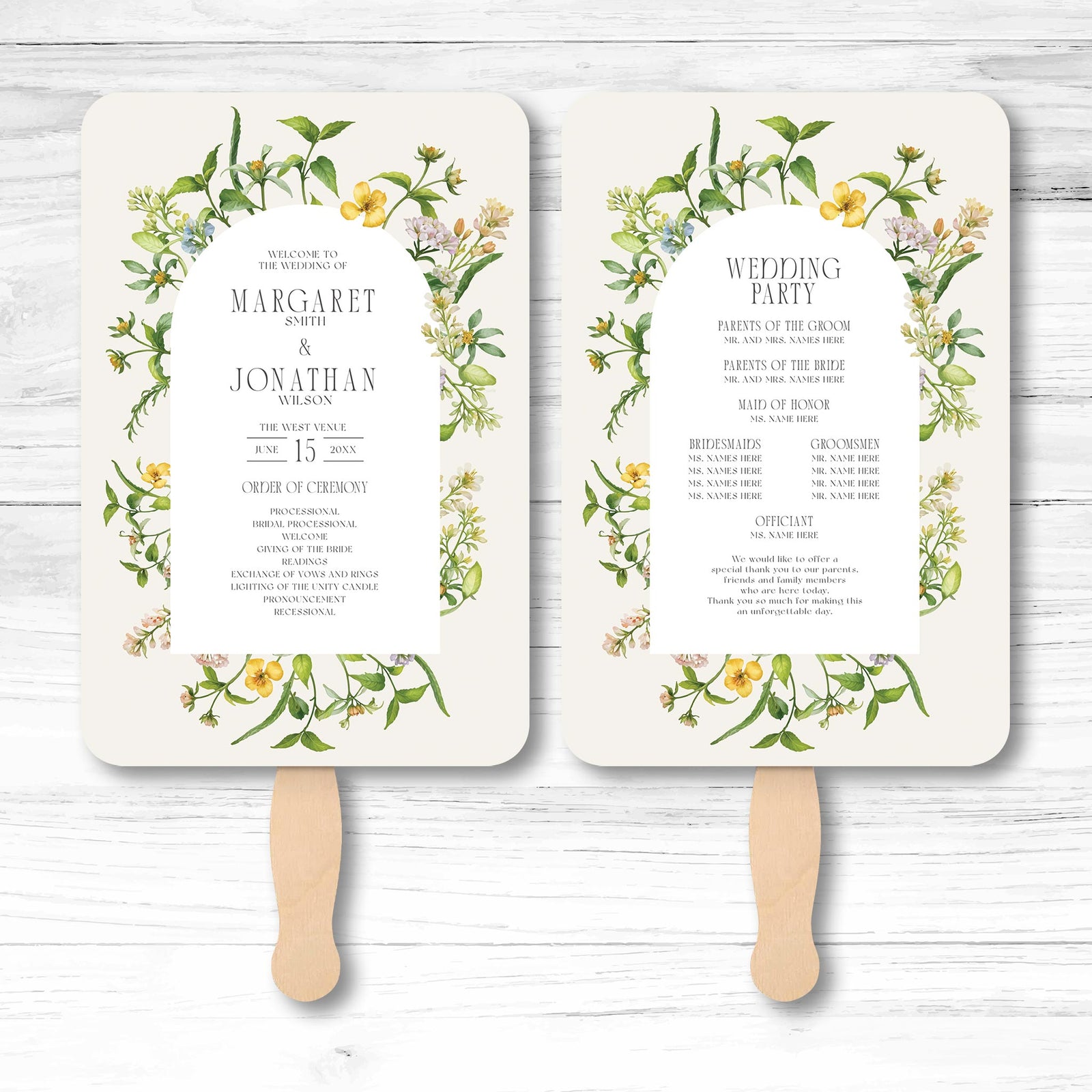 Wedding Program Fans - The Southern Church-Fan Tradition - Reimagined floral fan designs with wedding details.