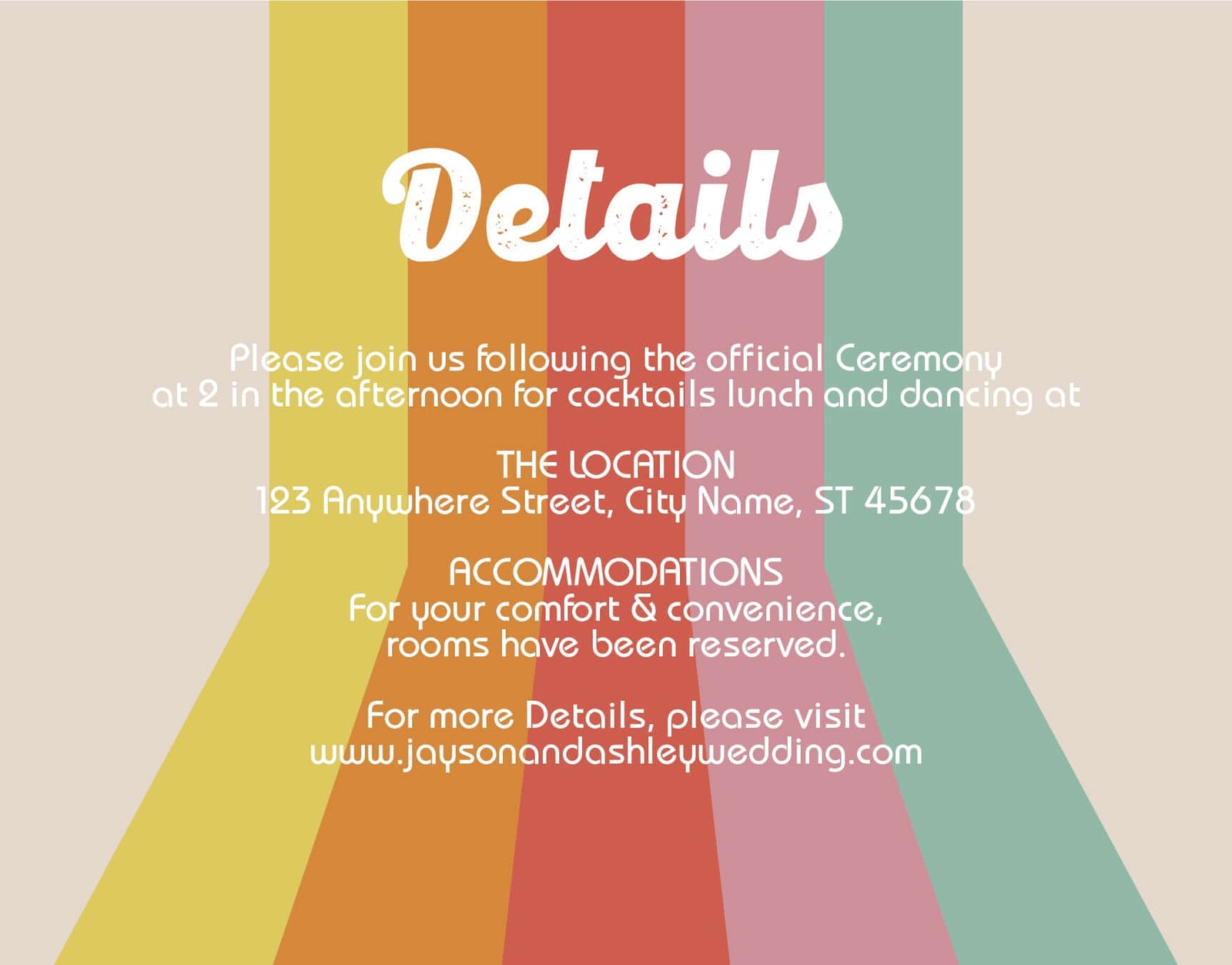 Colorful wedding invitation details featuring location and accommodations for The Wedding Invitation Suite.