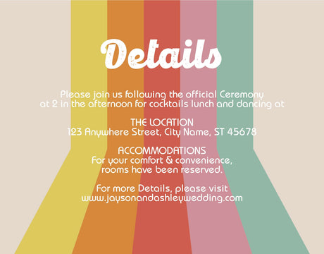 Colorful wedding invitation details featuring location and accommodations for The Wedding Invitation Suite.