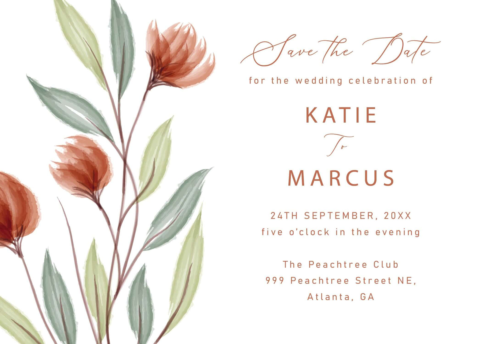Save the Date wedding invitation for KATIE and MARCUS featuring floral design and celebration details.