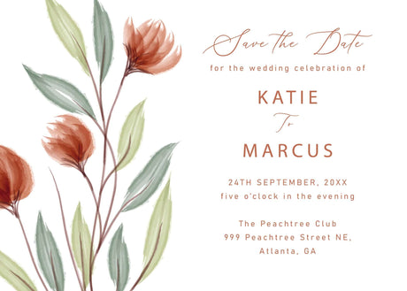 Save the Date wedding invitation featuring floral design and celebration details.