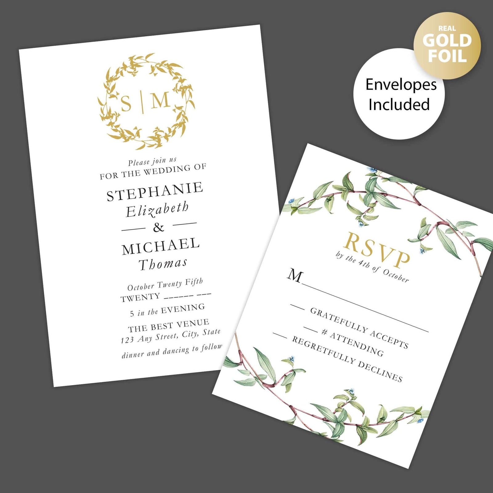 Elegant wedding stationery featuring gold foil design, perfect for addressing Bridezilla Blues with style.