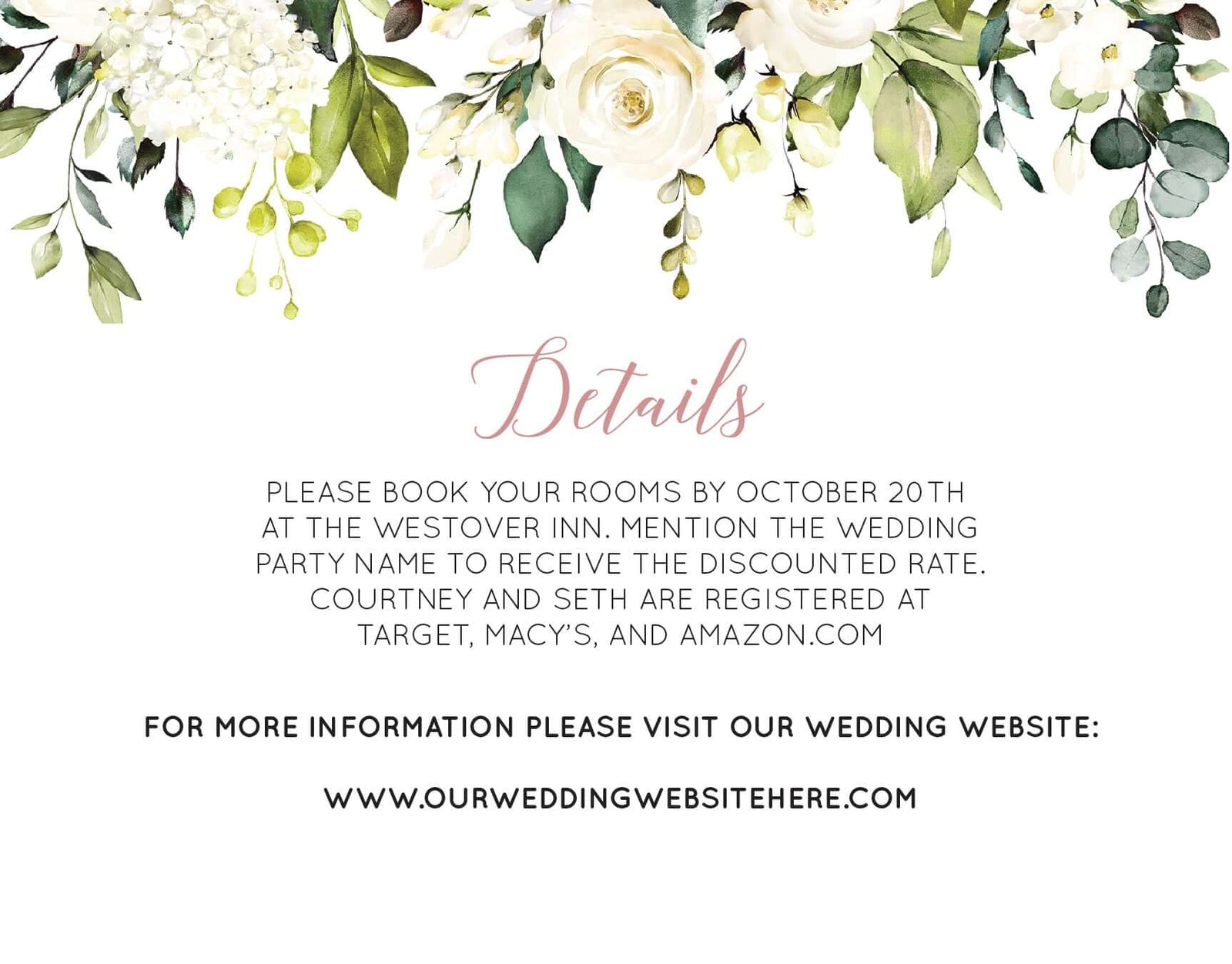 The Magic of a Wedding Invitation Suite details with floral accents and accommodation information.
