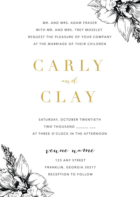 The Ultimate Wedding Invitation Suite. Foil Foil Foil featuring elegant floral design and gold lettering.