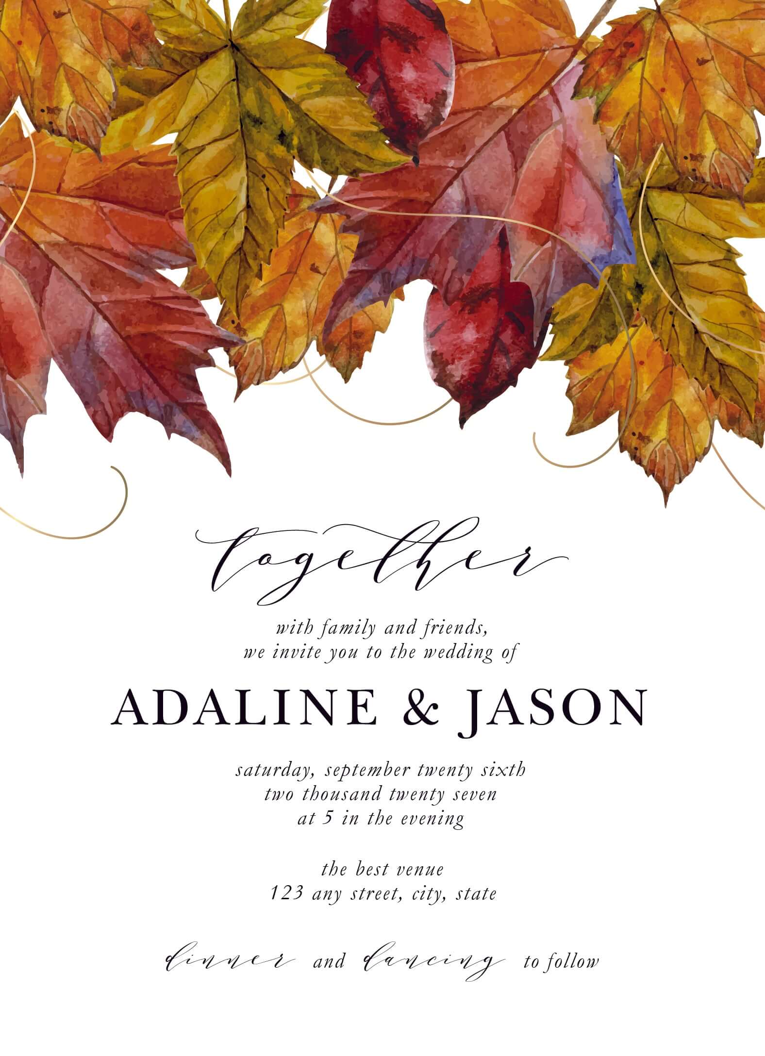 Discover the Elegance and Charm of Go Print Plus wedding invitation design featuring autumn leaves and elegant typography.