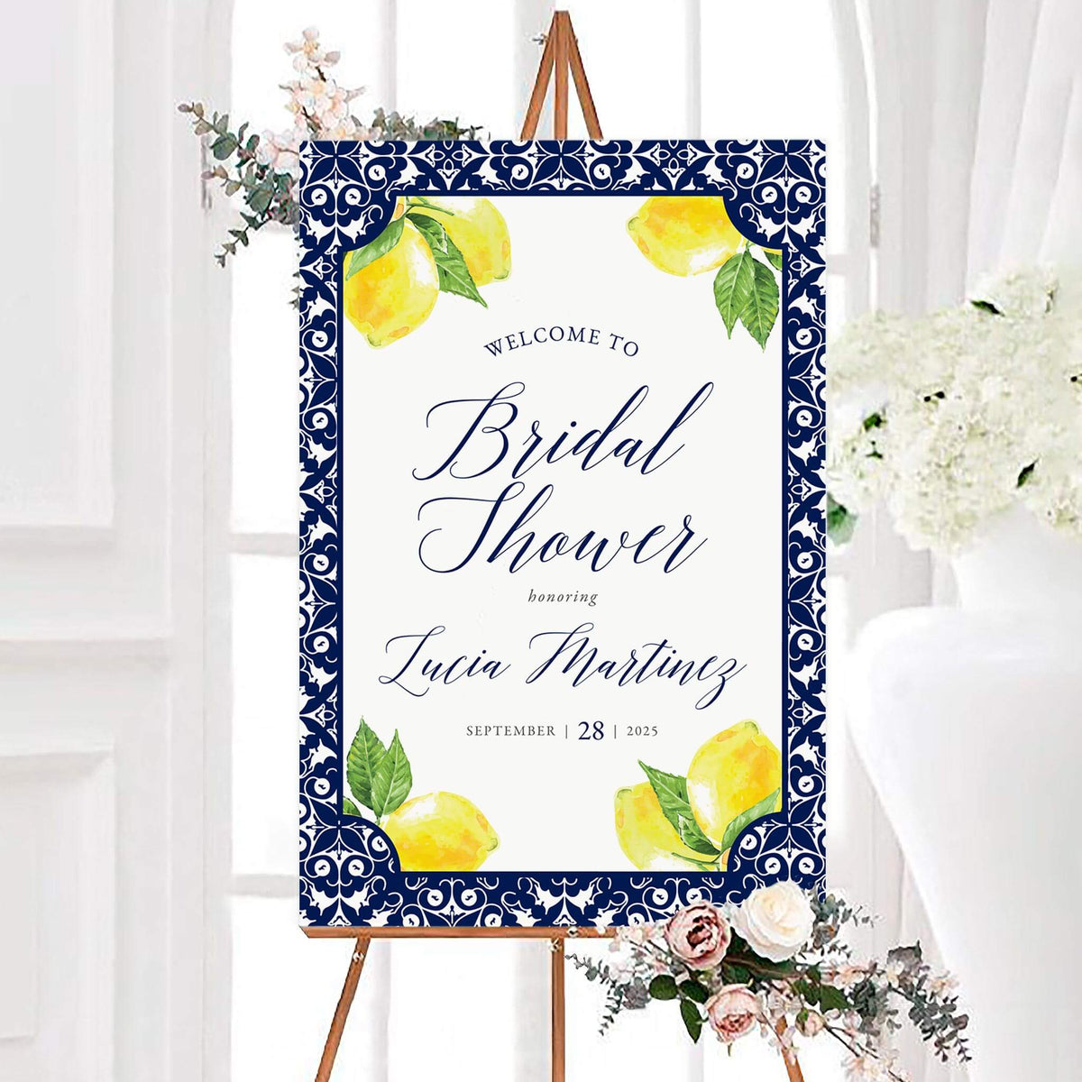 Welcome sign for bridal shower featuring lemons and floral accents. The Ultimate Guide to Bridal Shower Invitations.