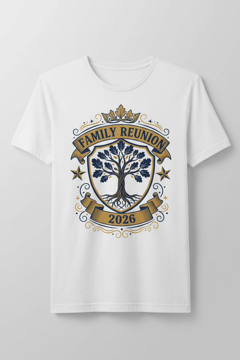 Custom Family Reunion T-Shirts design featuring a tree and the year 2026, ideal for family gatherings.