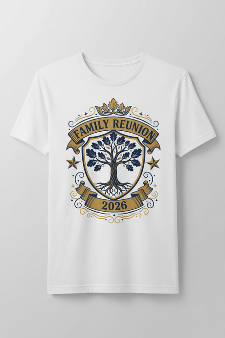 Custom Family Reunion T-Shirts design featuring a tree and the year 2026, ideal for family gatherings.