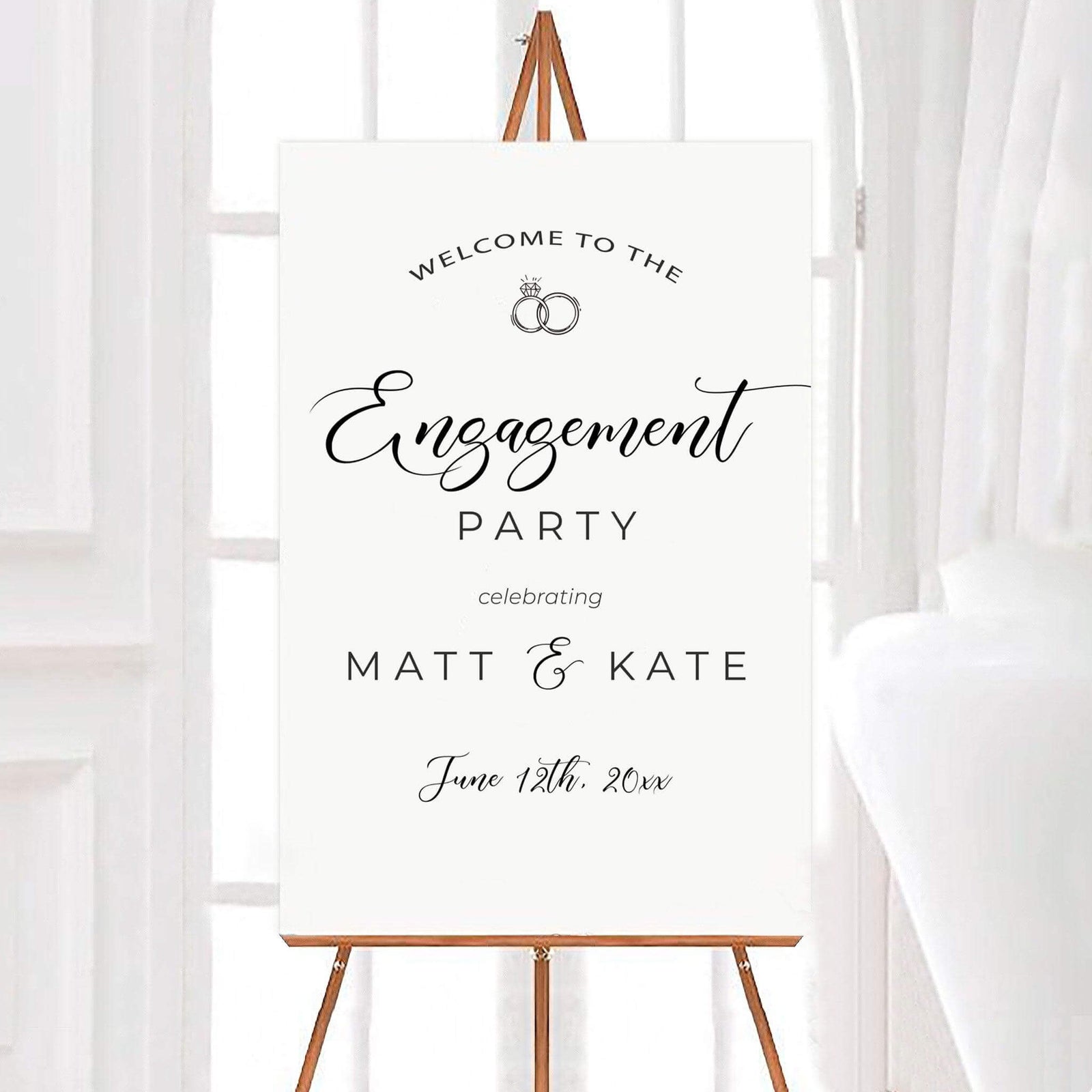 Welcome to the Engagement Party sign celebrating Matt and Kate, showcasing a stylish design for bridal events.