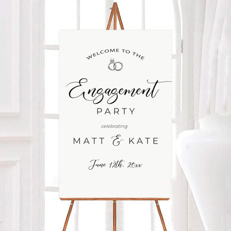 Welcome to the Engagement Party sign celebrating Matt and Kate, showcasing a stylish design for bridal events.