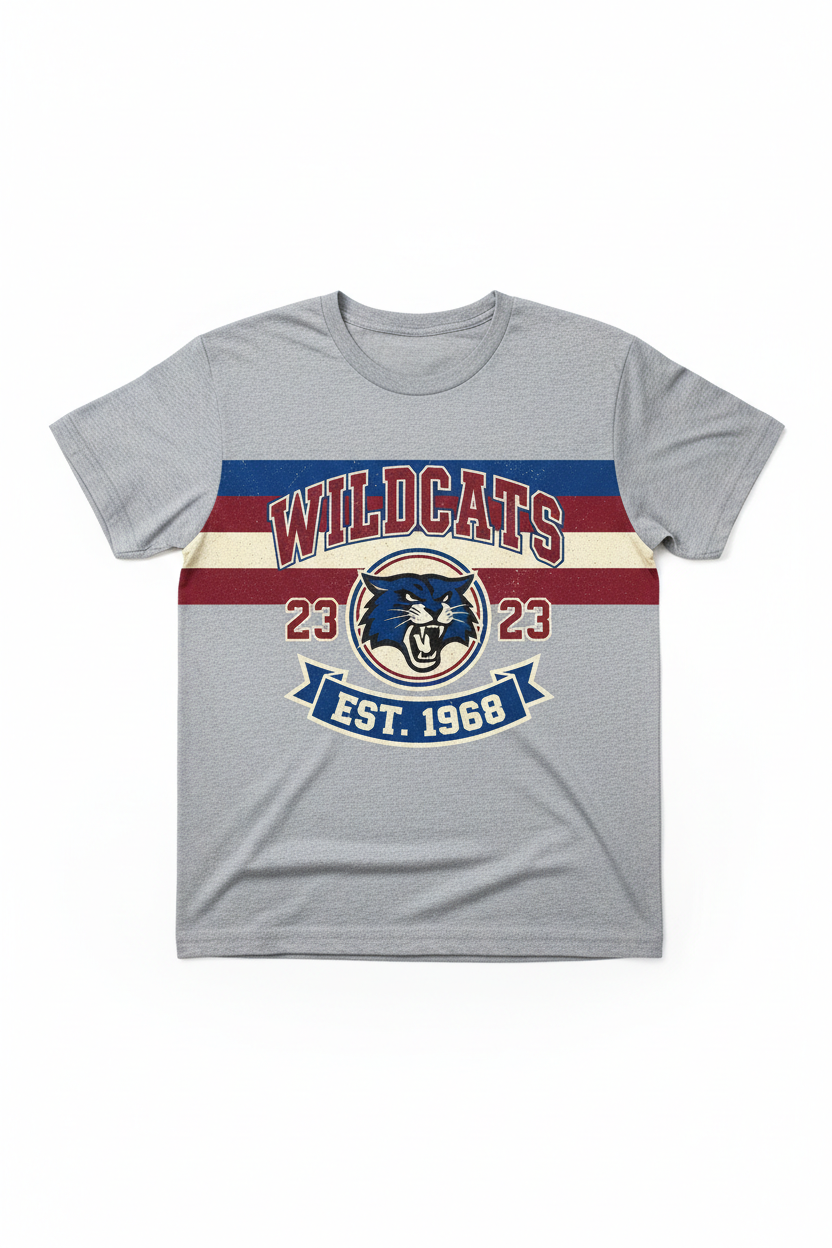 Back-to-School Custom Apparel featuring a gray Wildcats t-shirt with vintage design and established date.
